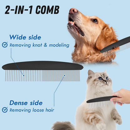 Pet Grooming Brush & Metal Comb Set for Dogs & Cats