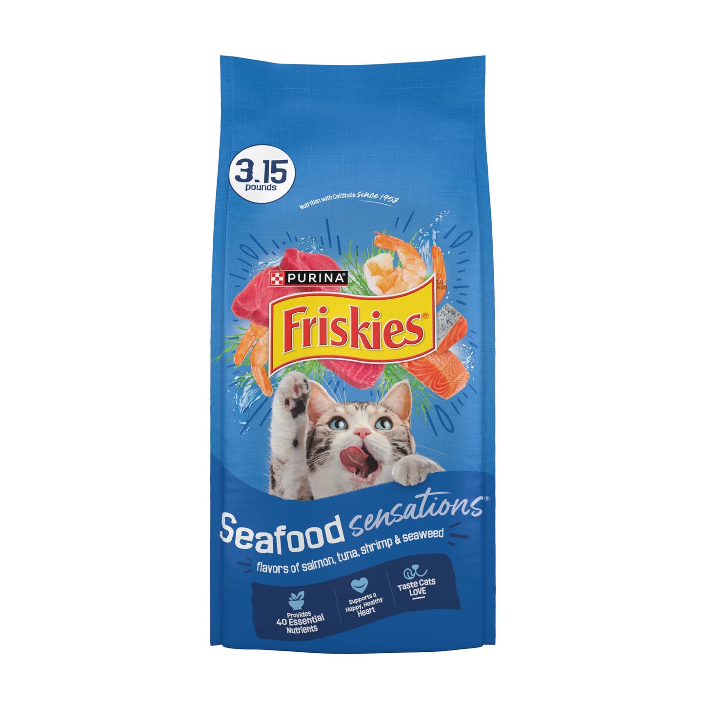 Purina Friskies Dry Cat Food Seafood Sensations with Salmon, Tuna, and Shrimp Flavors - (Pack of 4) 3.15 lb. Bags