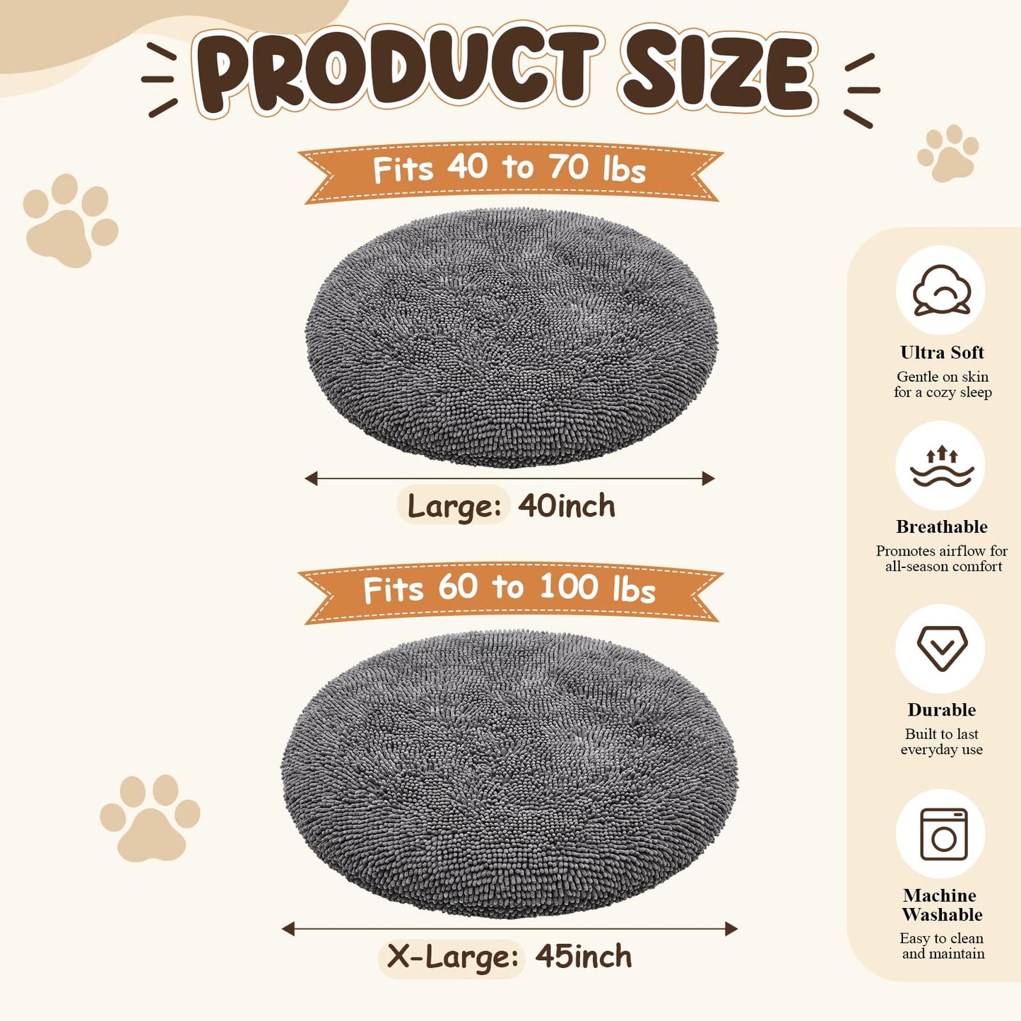 Soft Chenille Round Dog Bed for Large Dogs